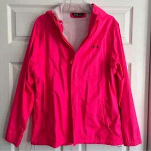Under Armour hot pink storm 3 shell jacket wind breaker with hood and pockets.